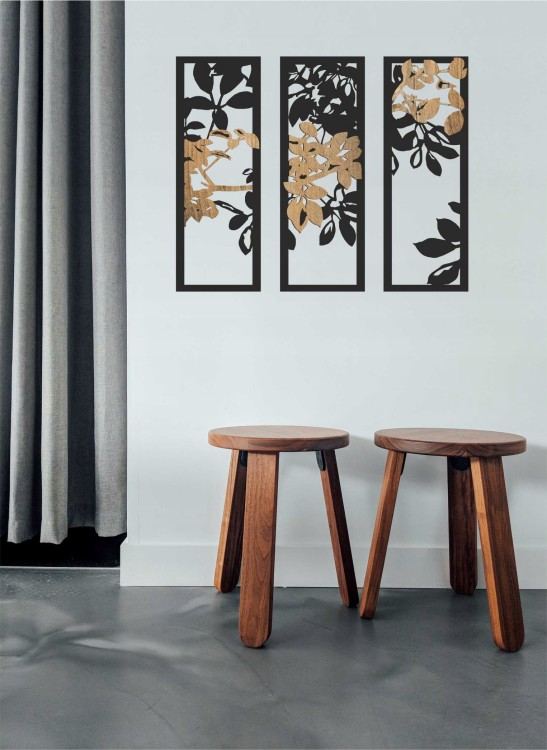 dwuwarstwowy tryptyk drzewo liście 70 x 85 cm obraz ażurowy na jasnej ścianie