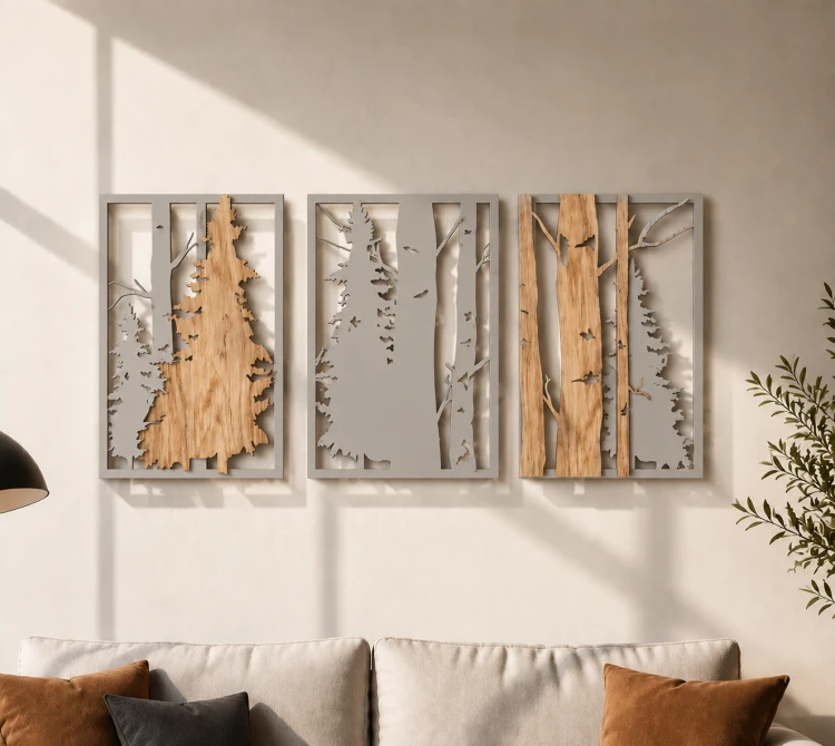 Tryptyk-Obrazow-Azurowych-Las-Drzewa-3D-wiszacy-na-scianie-w-salonie-nad-sofa-zblizenie-jasno szary kolor