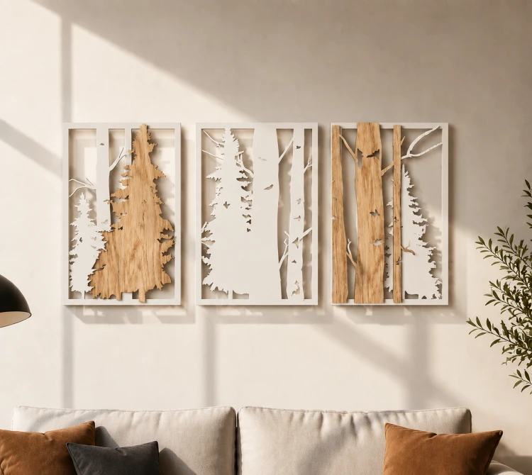 Tryptyk-Obrazow-Azurowych-Las-Drzewa-3D-wiszacy-na-scianie-w-salonie-nad-sofa-zblizenie-biały kolor