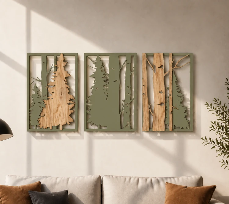 Tryptyk-Obrazow-Azurowych-Las-Drzewa-3D-wiszacy-na-scianie-w-salonie-nad-sofa-zblizenie-oliwkowy kolor